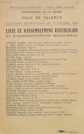 Département de la Drôme. Ville de Valence. Elections municipales du 19 octobre 1947 : liste du Rassemblement Républicain et d'Administration Municipale