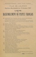 Ville de Valence. Elections municipales du 19 octobre 1947 : liste du Rassemblement du Peuple Français