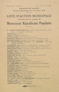 Commune de Valence. Elections municipales du 19 octobre 1947 : liste d'Action Municipale présentée sous les auspices du Mouvement Républicain Populaire