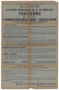 Ville de Valence. Élections municipales du 19 octobre 1947 : Programme de la liste d'Union Républicaine et Résistante et de Défense des Intérêts Communaux présentée par le Parti Communiste Français