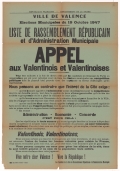 Département de la Drôme. Ville de Valence. Elections municipales du 19 octobre 1947 : Liste du Rassemblement Républicain et d'Administration Municipale : Appel aux Valentinois et Valentinoises