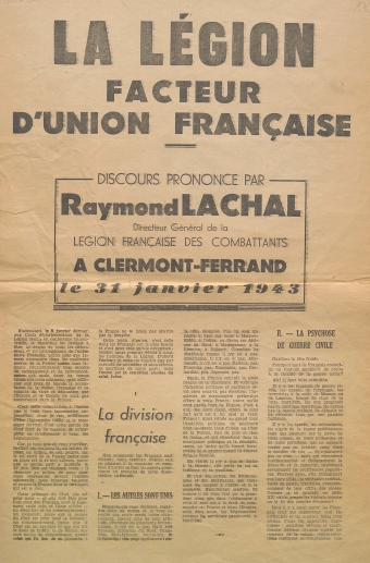 La Légion facteur d'union française : discours prononcé par Raymond Lachal à Clermont-Ferrand, le 31 janvier 1943 