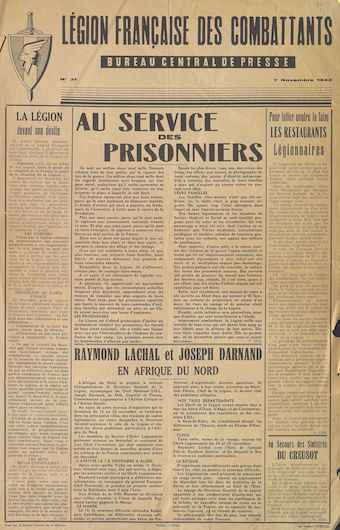 Légion française des combattants. Bureau central de presse [n° 31, 7 novembre 1942] : la Légion devant son destin [bulletin d'informations]