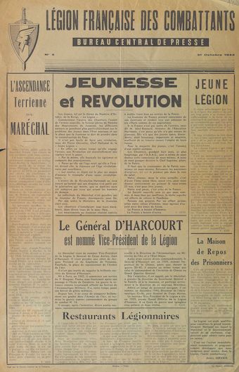 Légion française des combattants. Bureau central de presse [n°5, 31 octobre 1942] : Jeunesse et Combattants [bulletin d'infomations]