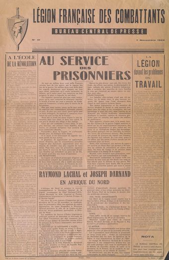 Légion française des combattants. Bureau central de presse [n° 31, 7 novembre 1942] : A l'école de la Révolution [bulletin d'informations]