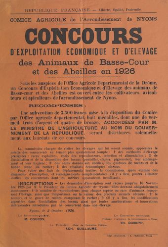 Comice agricole de l'arrondissement de Nyons : concours d'exploitation économique et d'élevage des animaux de basse-cour et des abeilles en 1926