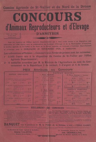 Comice agricole de St-Vallier et du Nord Drôme : concours d'animaux reproducteurs et d'élevage d'Anneyron le 21 novembre 1926