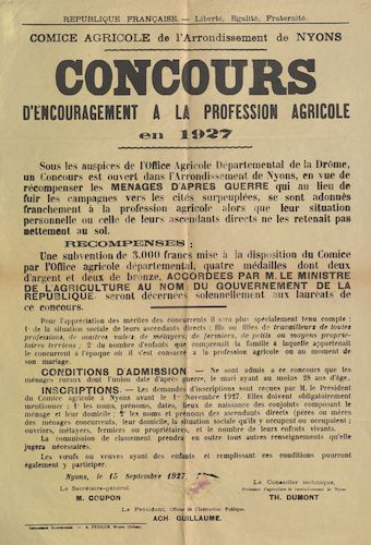 Comice agricole de l'arrondissement de Nyons : concours d'encouragement de la profession agricole en 1927