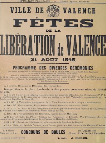 Ville de Valence. Fêtes de la Libération de Valence (31 août 1945) : programme des diverses cérémonies