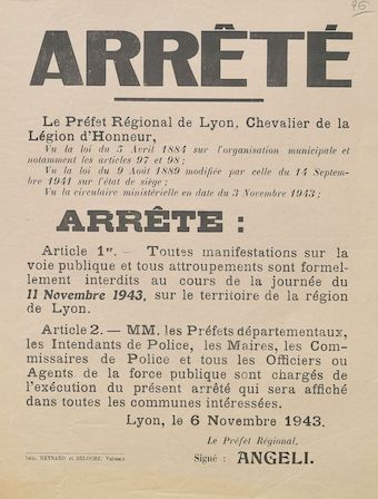 Arrêté [interdisant les manifestations le 11 novembre 1943 sur le territoire de la région de Lyon]