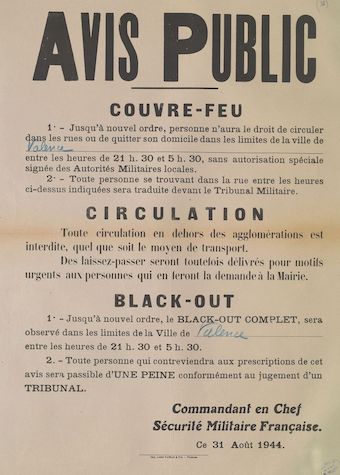 Avis public : [déclaration de couvre-feu à Valence le 31 août 1944]