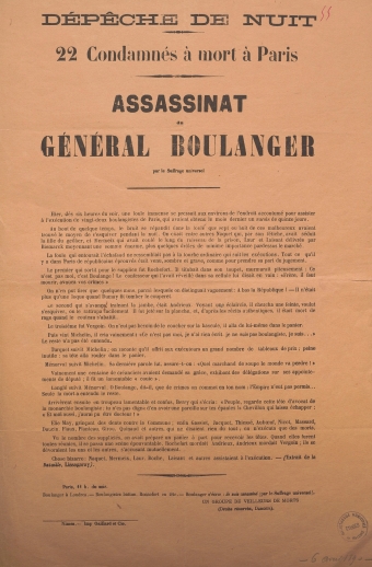 Dépêche de nuit : 22 condamnés à mort à Paris. Assassinat du Général Boulanger par le suffrage universel