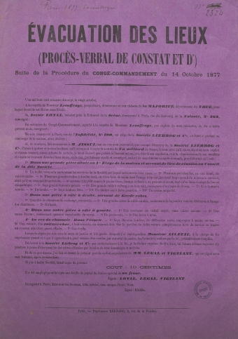 Evacuation des lieux (procès-verbal de constat et d') : Suite de la procédure du congé-commandement du 14 octobre 1877