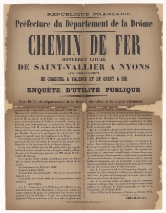 Préfecture du Département de la Drôme. Chemin de fer d'intérêt local de Saint-Vallier à Nyons : Enquête d'utilité publique