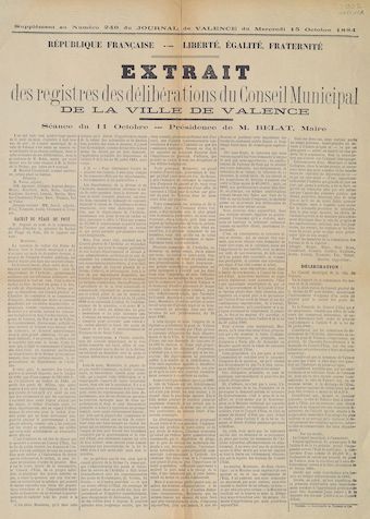 Supplément au n°240 du Journal de Valence du mercredi 15 octobre 1884 : extrait des registres des délibérations du Conseil Municipal de la ville de Valence. Séance du 11 octobre 