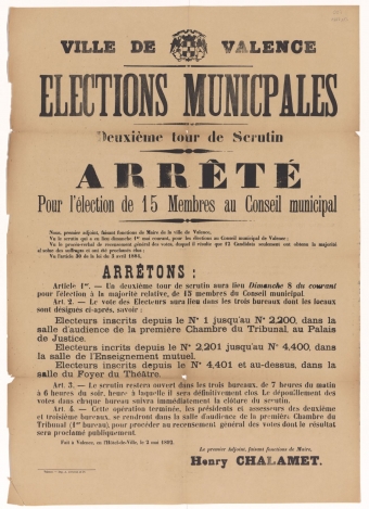 Ville de Valence. Élections municipales. Deuxième tour de Scrutin : Arrêté pour l'élection de 15 membres au Conseil municipal [Valence, le 2 mai 1892]