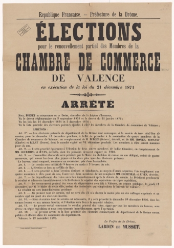 Préfecture de la Drôme. Renouvellement partiel des membres du tribunal de commerce de Romans : Arrêté de convocation des Electeurs [le 12 novembre 1896]