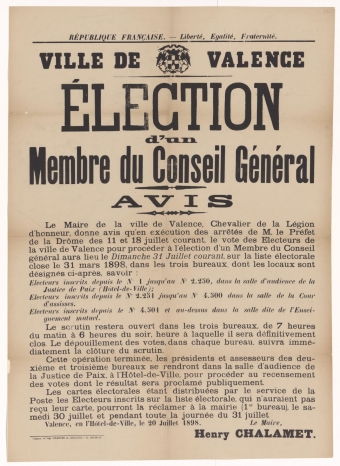 Ville de Valence. Élection d'un Membre du Conseil Général : Avis [Valence, 20 juillet 1898]