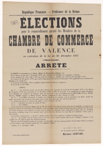 Préfecture de la Drôme. Élections pour le renouvellement partiel des Membres de la Chambre de Commerce de Valence : Arrêté [Valence, 07 novembre 1898]