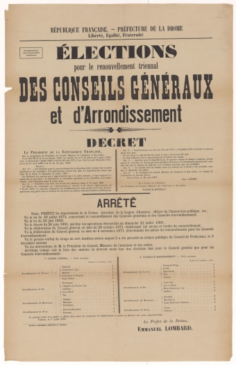 Préfecture de la Drôme. Élections pour le renouvellement triennal des Conseils Généraux et d'Arrondissement : Décret [Valence, 1er juillet 1901]