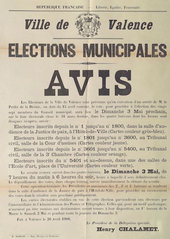 Ville de Valence. Elections municipales : Avis [Valence, 20 avril 1908]