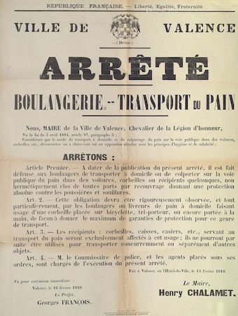 Ville de Valence. Arrêté : Boulangerie-Transport du pain [Valence, 16 février 1910]