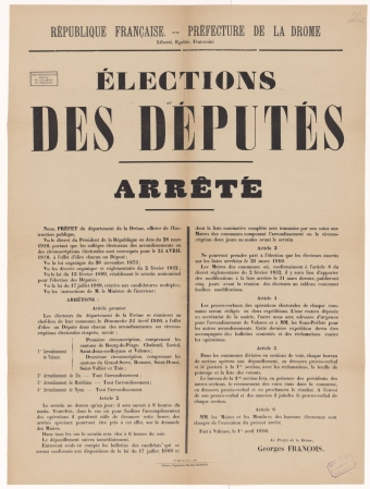 Préfecture de la Drôme. Elections des députés : Arrêté [Valence, 01 avril 1910]