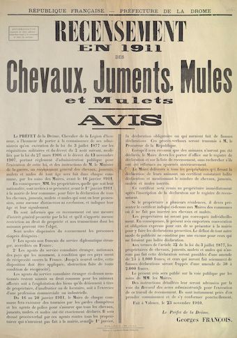 Préfecture de la Drôme. Recensement en 1911 des Chevaux, Juments, Mules et Mulets : Avis [Valence, 23 novembre 1910]