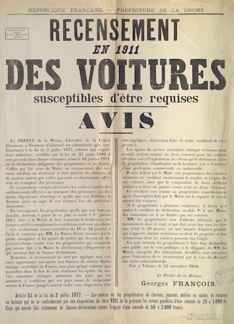 Préfecture de la Drôme. Recensement en 1911 des voitures susceptibles d'être requises : Avis [Valence, 24 novembre 1910] 