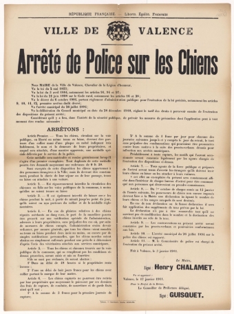 Ville de Valence. Arrêté de Police sur les Chiens [Valence, 03 janvier 1911]