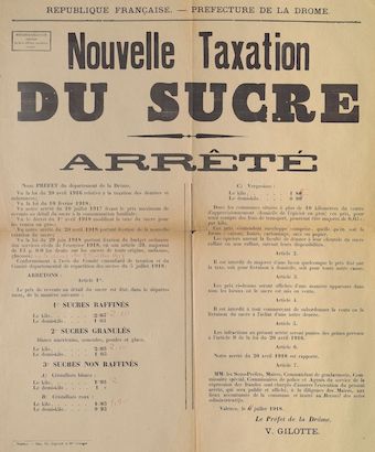 Préfecture de la Drôme. Nouvelle taxation du sucre : Arrêté [Valence, le 6 juillet 1918]