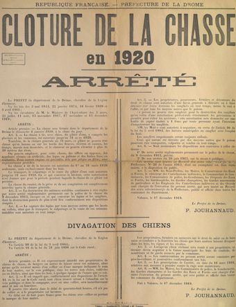 Préfecture de la Drôme. Clôture de la chasse en 1920 : Arrêté [Valence, le 17 décembre 1919]