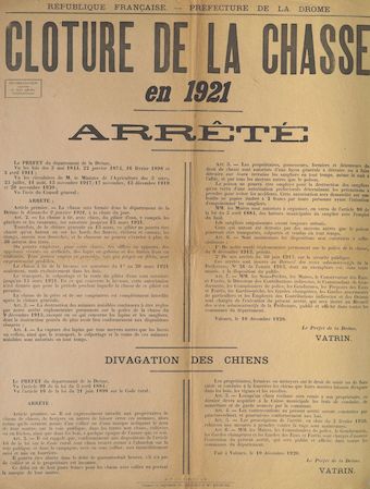 Préfecture de la Drôme. Clôture de la chasse en 1921 : Arrêté [Valence, le 10 décembre 1920]