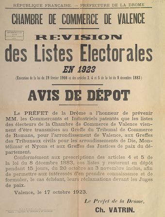 Préfecture de la Drôme. Chambre de commerce de Valence : Révision des Listes Electorales en 1923