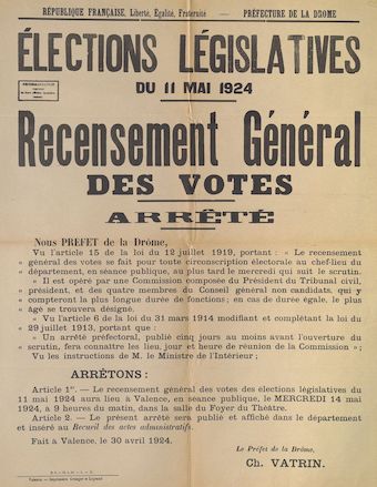 Préfecture de la Drôme. Élections législatives du 11 mai 1924 : Recensement général des votes. Arrêté