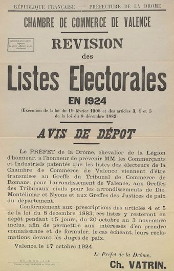 Préfecture de la Drôme. Chambre de commerce de Valence : Révision des Listes Electorales en 1924 [Valence, le 17 octobre 1924]