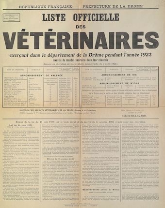 Préfecture de la Drôme : Liste officielle des vétérinaires exerçant dans le département de la Drôme pendant l'année 1932 [Valence, le 8 janvier 1932]