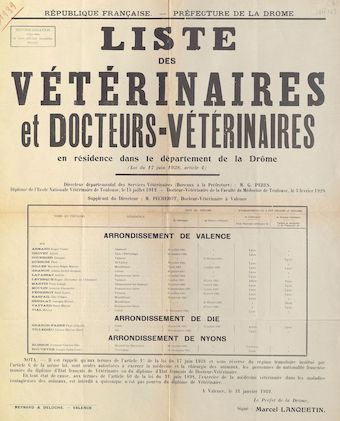 Préfecture de la Drôme : Liste des vétérinaires et docteurs-vétérinaires en résidence dans le département de la Drôme [Valence, 31 janvier 1939]