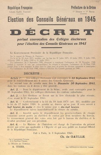 Préfecture de la Drôme. Élection des Conseils Généraux en 1945 : Décret portant convocation des collèges électoraux pour l'élection des Conseils Généraux en 1945