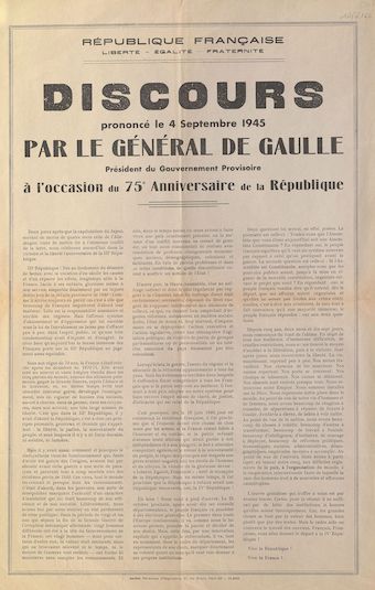 Discours du général De Gaulle prononcé le 4 septembre 1945 à l'occasion du 75e anniversaire de la République