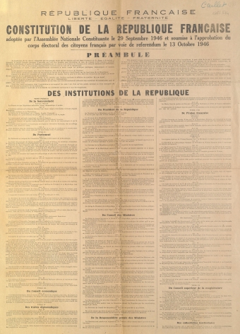 Constitution de la République Française adoptée par l'Assemblée Nationale Constituante le 29 septembre 1946 et soumise à l'approbation du corps électoral des citoyens français par voie de référendum le 13 octobre 1946