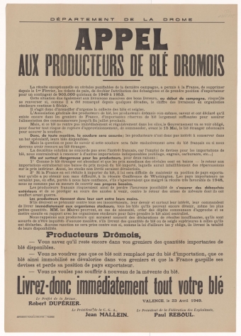 Département de la Drôme. Appel aux producteurs de blé drômois [Valence, 23 avril 1949]