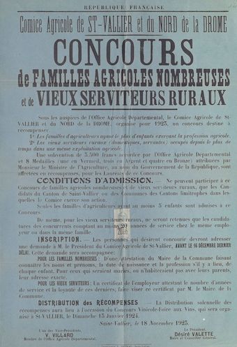 Comice agricole de Saint-Vallier et du Nord de la Drôme : Concours de familles agricoles nombreuses et de vieux serviteurs ruraux 