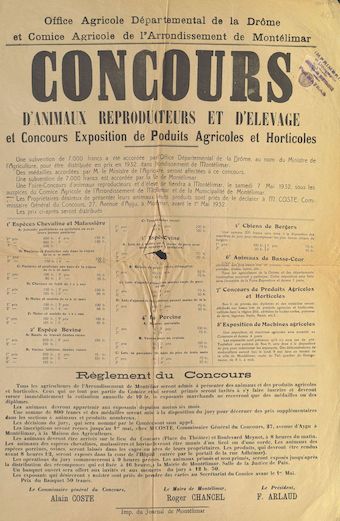 Office Agricole Départemental de la Drôme et Comice Agricole de l'Arrondissement de Montélimar : Concours d'Animaux reproducteurs et d'élevage et Concours Exposition de Produits Agricoles et Horticoles