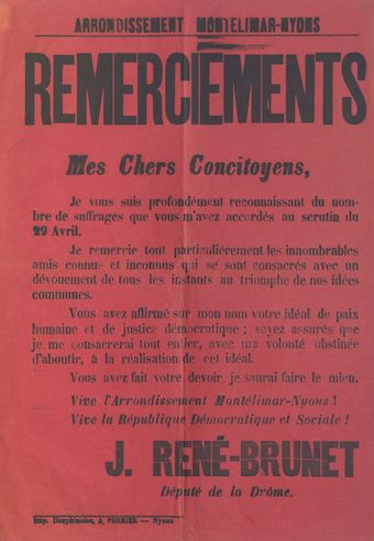 Arrondissement Montélimar-Nyons : Remerciements [signé J. René-Brunet]