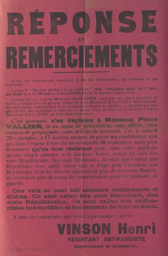 Réponse et remerciement [signé Vinson Henry]