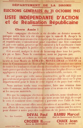 Département de la Drôme. Élections générales du 21 octobre 1945 : Liste Indépendante d'Action et de Réalisations Républicaine