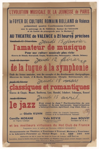 L'évolution Musicale de la Jeunesse de Paris et le Foyer de Culture Romain Rolland de Valence présentent quatre Conférences-Concerts : L'amateur de musique ; De la fugue à la symphonie ; Classiques et romantiques ; Le jazz