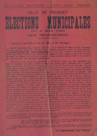 Ville de Rousset. Elections municipales du 5 mai 1929 : liste prolétarienne