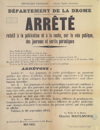 Département de la Drôme. Arrêté relatif à la publication et à la vente, sur la voie publique, des journaux et écrits périodiques